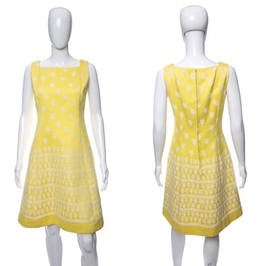 1960's Samuel Winston by Roxane Yellow and White Embroidered Detail Dress Size M/L