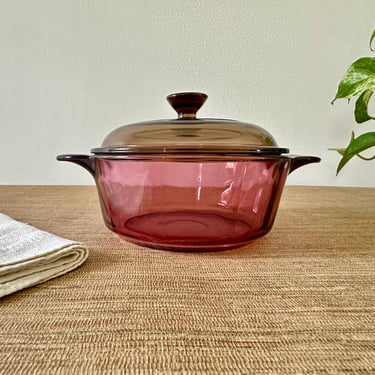 Vintage Corning Cranberry Round Casserole Dish with Lid - 1 Quart - 1174 