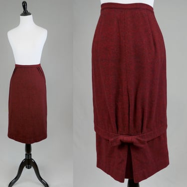 50s Herringbone Tweed Skirt - 26" waist - Red and Black - Fantastic Back Hem Detail - Bobbie Brooks - Vintage 1950s - S 