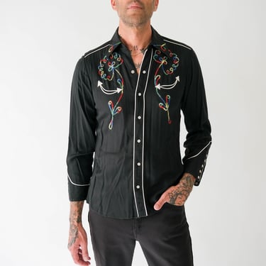Vintage 60s H Bar C Gabardine Black Rainbow Embroidered Stitch Western Shirt | Made in USA | 1960s California Ranchwear Pearl Snap Shirt 