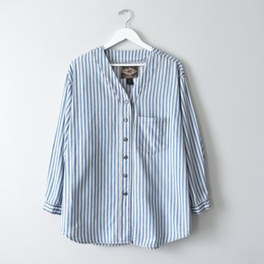 vintage striped denim top, 90s v neck button down shirt, size m / l 