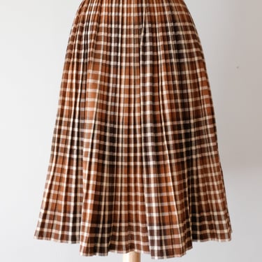 Darling 1950's Micro Pleated Brown & Ivory Plaid Wool Skirt  / Sz XS