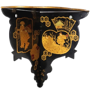 1870's Antique English Papier-Mache Black and Gold Lacquer Hanging Corner Display Shelf 