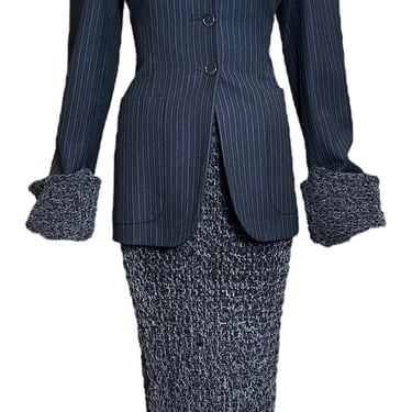 Romeo Gigli FW 89/90 Grey Pinstripe Jacket With Ruched Velvet Skirt