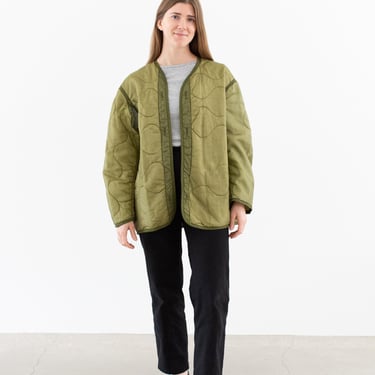 Vintage Green Liner Jacket | Unisex Wavy Quilted Nylon Coat | Imperfect | M L | LI164 