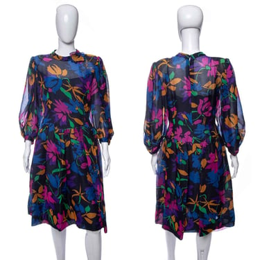 1980's Pauline Trigere Black and Multicolor Floral Print Dress Size L