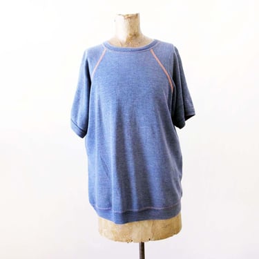 Vintage 70s Short Sleeve Raglan Shirt L -1960s 70s Heather Blue Crewneck Sweatshirt - Worn In Thin Grunge Baggy 