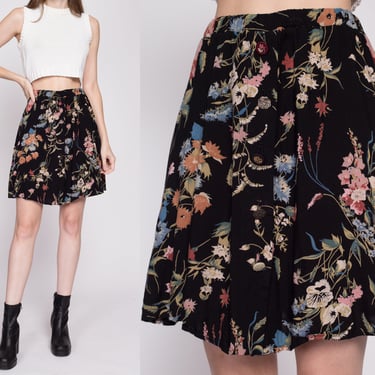 80s Black Floral Grunge Mini Skirt - Small to Medium | Vintage Boho Button Front Flowy A Line Miniskirt 