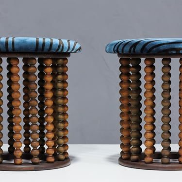 Arthur Umanoff Style Beaded Wood Stools with New Upholstery