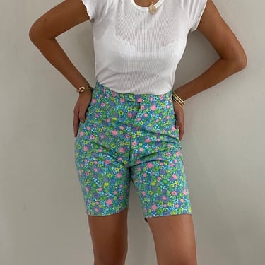 60s cotton pique Bermuda shorts / vintage lime teal green ditsy floral print cotton high waisted slim shorts | 27 Waist 