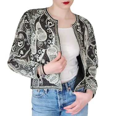 Vintage 80s Beaded Blazer Judith Ann Cropped Jacket Black & White Paisley 