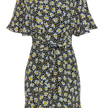 Karen Millen - Black, Light Blue & Yellow Floral Print Belted Fit & Flare Dress Sz 10