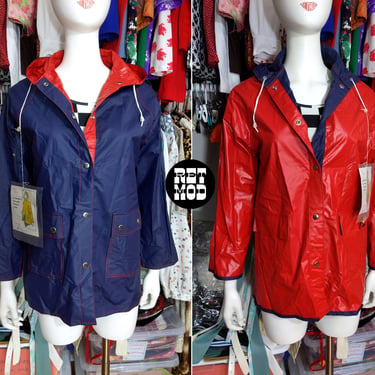 Deadstock REVERSIBLE Vintage 70s Navy Blue & Red Raincoat with Hood and Pockets 