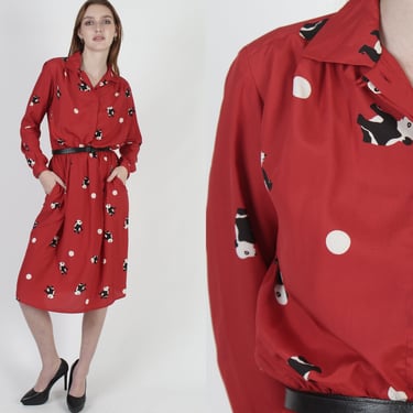 80s Red Panda Print Secretary Mini Dress, Animal Print Office Style Dress, Wear To Work Dress With Pockets 