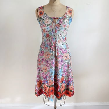 Sleeveless Floral Print Dress with Gathered Neckline - 1970s 