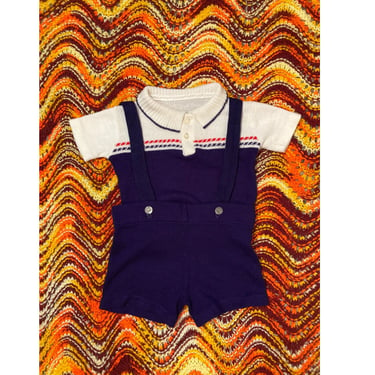 Vintage 60s Kids Knit Suspender Romper 2 Piece Set Size 2T/3T 