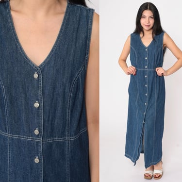 90s Denim Jumper Dress Button up Maxi Dress Blue Jean Retro V Neck Sleeveless Pinafore Dress High Waist Vintage 1990s Petite Large 