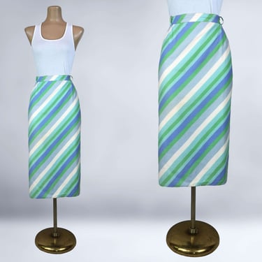 VINTAGE 60s Blue and Green Diagonal Striped Pencil Skirt 30