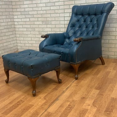 Vintage Sleepy Hollow Blue Tufted Chair and Ottoman - 2 Piece Set