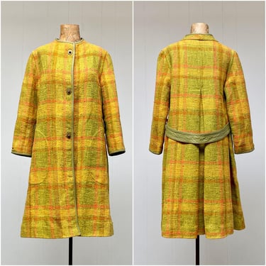 Vintage 1960s Bonnie Cashin Sills Plaid Woven Linen & Leather Trim A-Line Coat, 60s American Designer Fall Topper, Medium 40