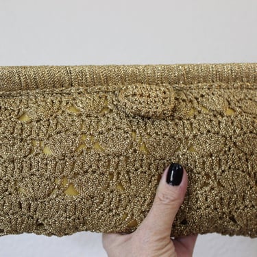Vintage 60s Joseph Magnin California Gold Metallic Lame Thread Crochet Clutch Purse Mid Century 
