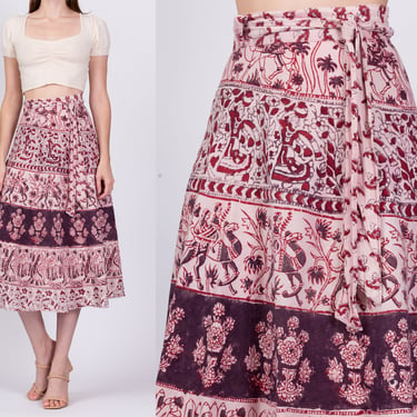 70s Boho Indian Block Print Midi Wrap Skirt - XS to Small | Vintage Batik Cotton A Line Hippie Skirt 