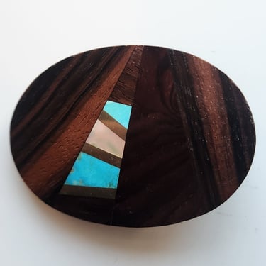 Belt Buckle, Walnut, Brass, Turquoise, Mother of Pearl Inlay, gently used condition 