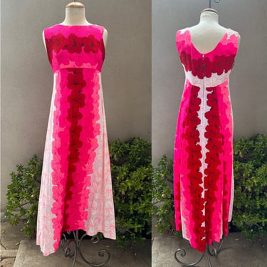 Vintage Hawaiian luau maxi dress neon pink red floral Sz S by Ui-Maikai barkcloth 