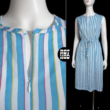 Comfy Vintage 60s 70s Blue White Stripe Sleeveless Zip Dress by Smart Time 