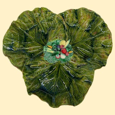 Vintage Cabbage Platter Retro 1960s Colonial Farmhouse + Green Ceramic + Three Divided Areas + Vegetable Décor + Kitchen + Serving Appetizer 