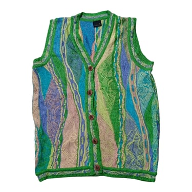 Vintage 90's Coogi Style Cardigan Vest Sleeveless Sweater | Cable Knitted Sweater | Textured Abstract Pattern | Cosby Biggie Streetwear 