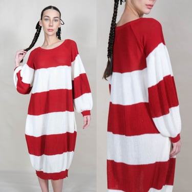 Vintage SONIA RYKIEL Crimson Red & Ivory Wide Stripe Knit Sweater Dress w/ Pockets | Made in Italy | 100% Cotton | 1990s Y2K Designer Dress 