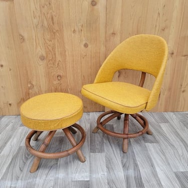 Mid Century Modern Saarinen Style Swivel Rattan Base Chair and Ottoman - 2 Piece Set