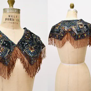 90s Vintage Beaded Fringe Shawl Wrap Burlesque Wedding Flapper Brown Black Metallic Beaded Vintage Fringe Collar Shawl Showgirl Festival 