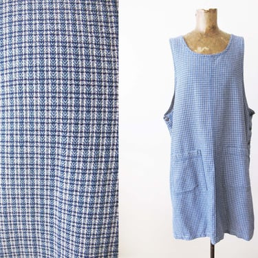 Vintage 90s Blue Plaid Overall Dress M L - 1990s Gingham Pinafore Shift Dress - Grunge Mini Dress - Patch Pocket Shift 
