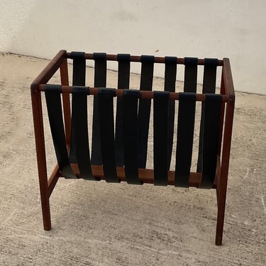 Danish Teak Wood & Black Leather Magazine/ Blanket Rack