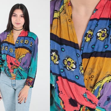 Floral Wrap Blouse 90s Deep V Neck Shirt Floral Blouse Abstract Rayon Long Sleeve Top Boho 1990s Vintage Bohemian Turquoise Blue Small 4 