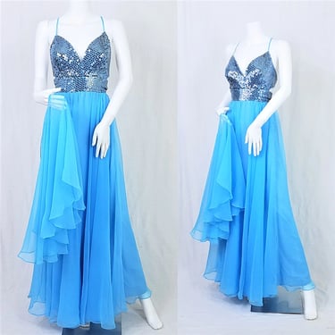1970's Blue Chiffon Fairy Wing Sequin Long Maxi Disco Dress I Sz Sm 