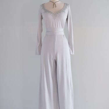 Vintage 1970's Icy Blue Grey Jumpsuit with Rhinestones by Victor Costa / M