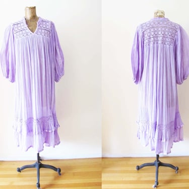 Vintage Mexican Gauze Cotton Midi Dress Lavender Purple - Crochet Wide Sleeve Bohemian Hippie Beach Sundress 