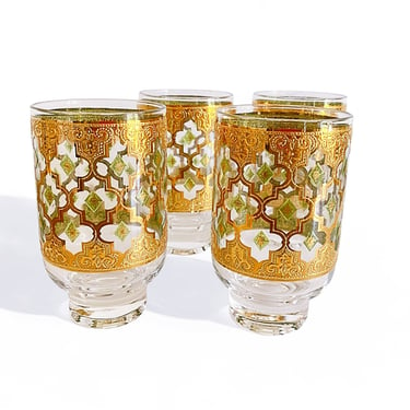 Vintage Culver Glassware. Set of 4 Valencia Highball Cocktail Glasses, Mid-Century 16 oz Footed Tumblers. Glam Christmas Holiday barware. 