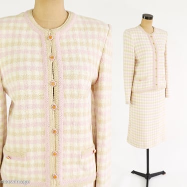 1990s Creme Knit Skirt Suit | 90s Pink & White Knit Suit | Castleberry | Medium 