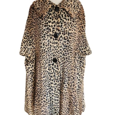 Vintage 60s Leopard Print Cape Faux Fur Poncho Swing Style Coat 