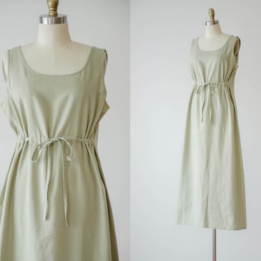 green linen dress | 90s y2k vintage sleeveless loose oversized sage green linen maxi dress 