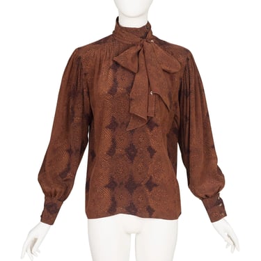 Escada 1980s Vintage Python Print Brown Silk Tie-Neck Blouse 