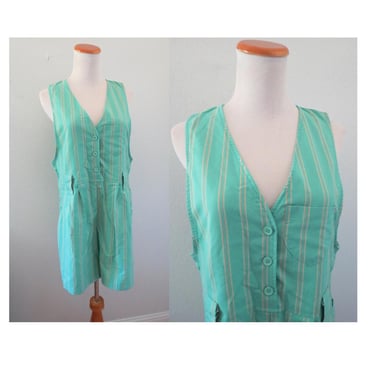 Vintage Women's Striped Romper - 80s Pastel Green Stripe Sleeveless Summer Playsuit - Size Medium 