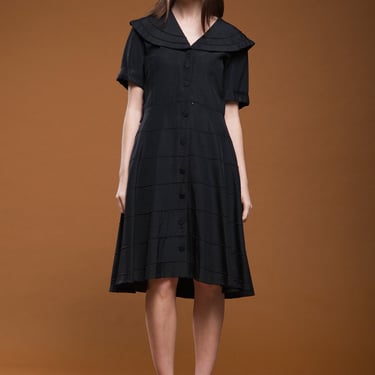 vintage 40s 50s black faille shirt dress wide sailor collar pintuck short sleeves LARGE L 