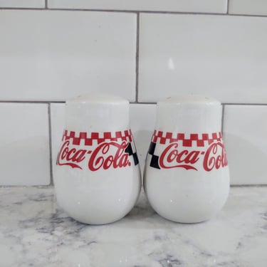 Vintage 1999 Coca-Cola Gibson Brand Salt & Pepper Shakers Checkerboard Pattern Dishwasher and Microwave Safe 