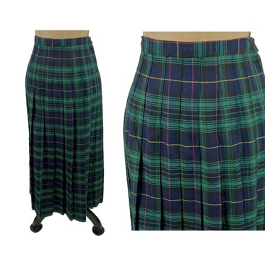 1980s Long Pleated Plaid Skirt Medium- 29