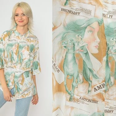 90s Graphic Print Shirt Horse Race Oversized Button-Up Ambassador Short Sleeve Vintage 1990s Watercolor Art Equestrian Print Medium Large 